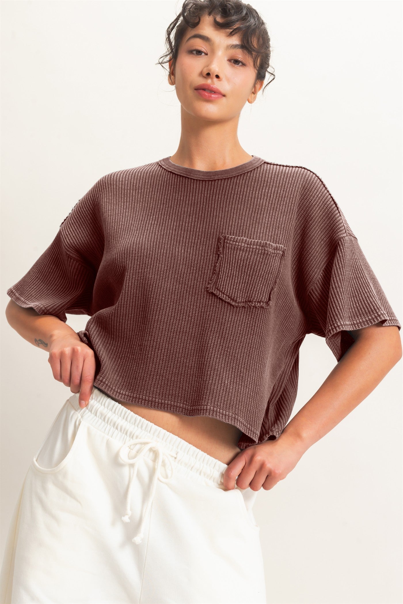 Wholesale Mineral Wash Waffle Knit Pocket Top Clothing Tops DZ26E222 DARK BROWN DOUBLE ZERO