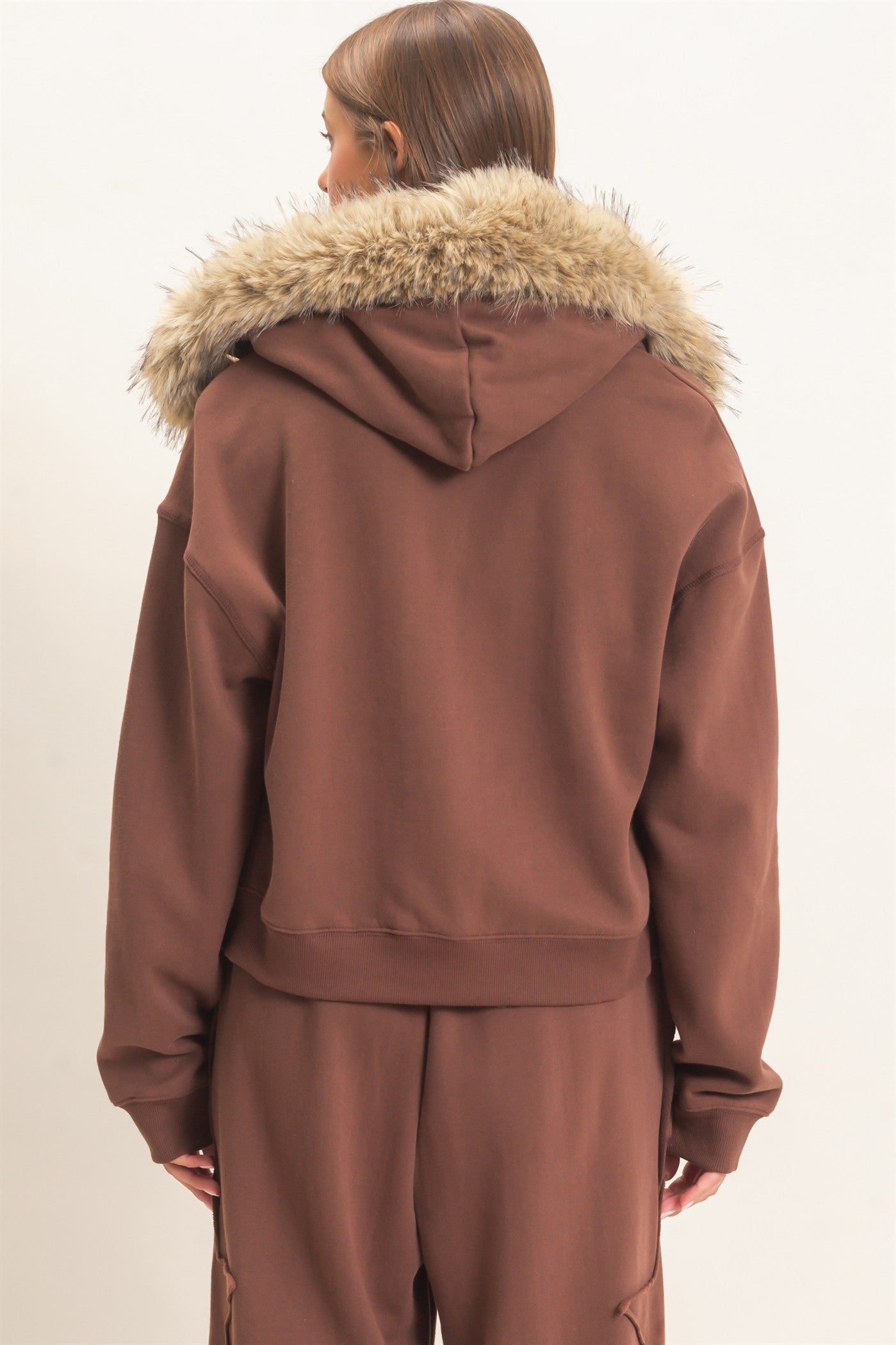Wholesale Detachable Fur Zip Up Hoodie Hoodies DZ26F396 DARK BROWN DOUBLE ZERO
