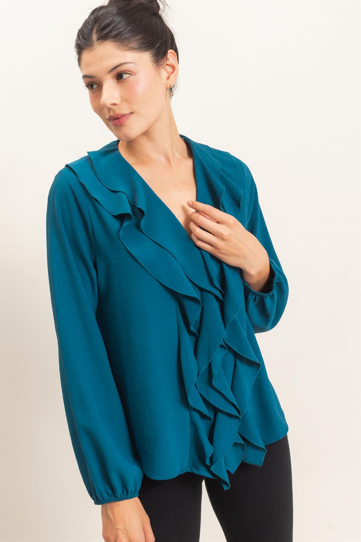 Wholesale Ruffled V-Neck Button-Up Blouse Blouses HF26C739 TEAL HYFVE