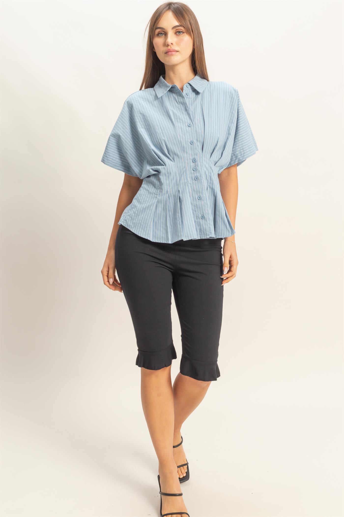 Wholesale Pleated Button-Up Shirt Shirts HF26A092 L.BLUE DOUBLE ZERO