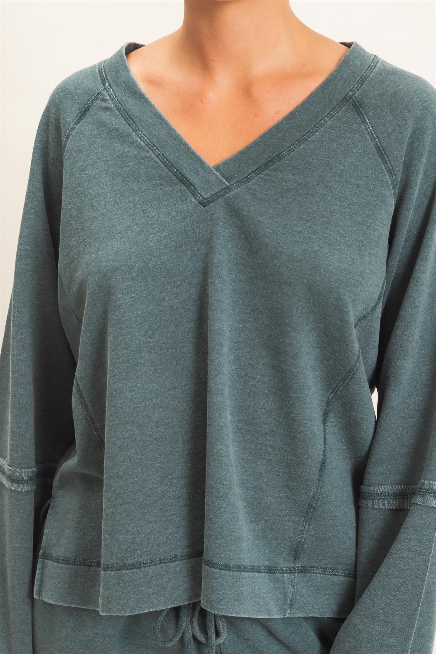 Wholesale Mineral Wash V-Neck Seam Detail Sweatshirt Sweatshirts DZ26F014 DARK GREEN DOUBLE ZERO