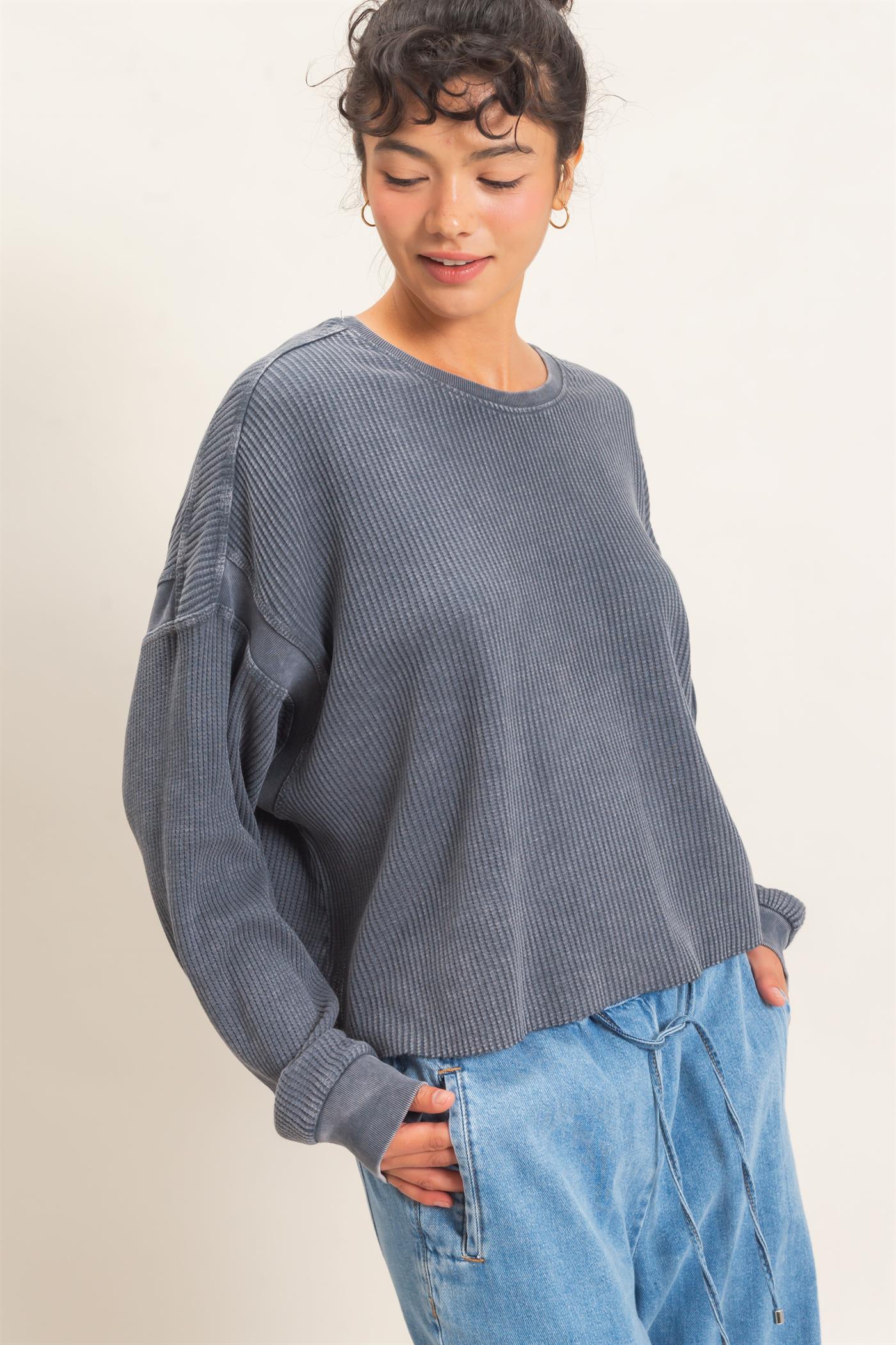 Wholesale Mineral Wash Waffle Open Back Top Clothing Tops DZ26C964 DARK GRAY DOUBLE ZERO
