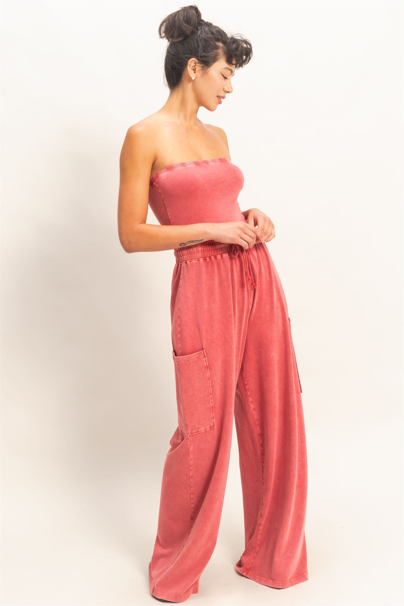 Wholesale Mineral Wash Strapless Wide-Leg Jumpsuit Clothing DZ26C376 DARK RED DOUBLE ZERO