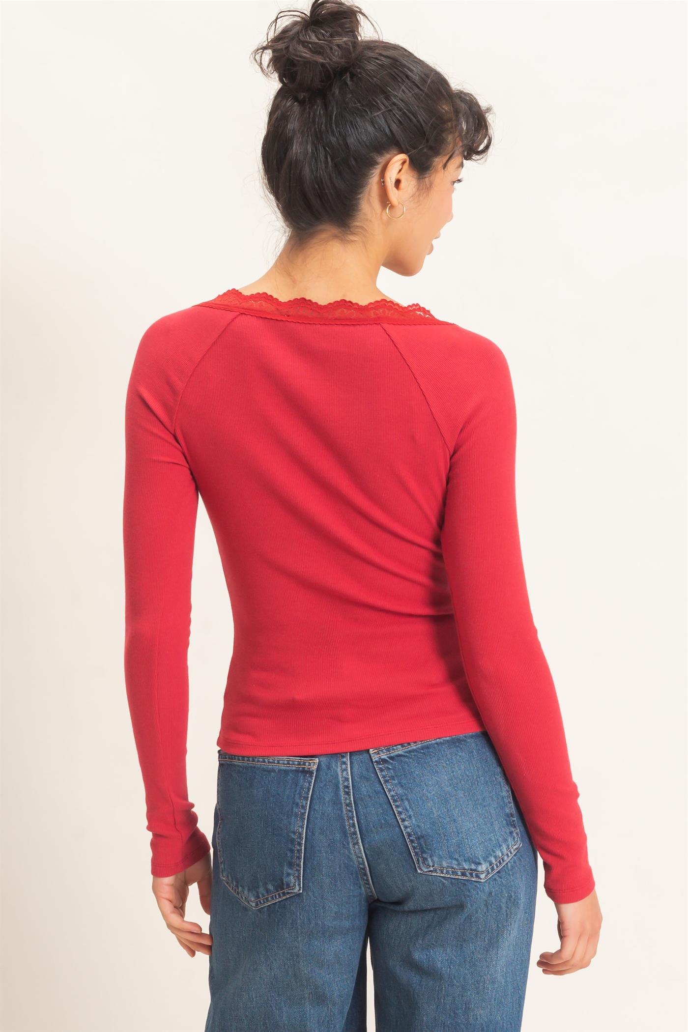 Wholesale Lace-Trim Henley Top Clothing Tops DZ26E325 DARK RED DOUBLE ZERO