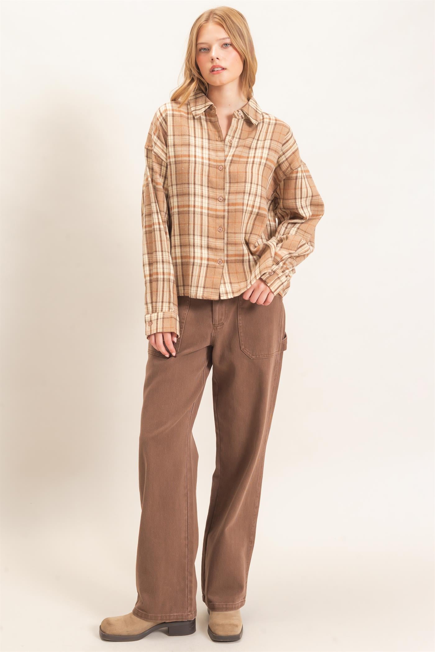 Wholesale Plaid Button-Up Shirt Clothing Tops HF26E467 MOCHA HYFVE
