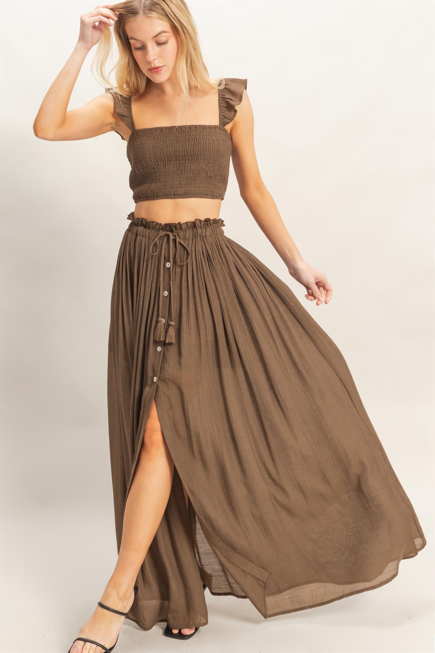 Wholesale Smocked Top & Maxi Skirt Set Clothing HF26C292-SET-D CHOCOLATE HYFVE