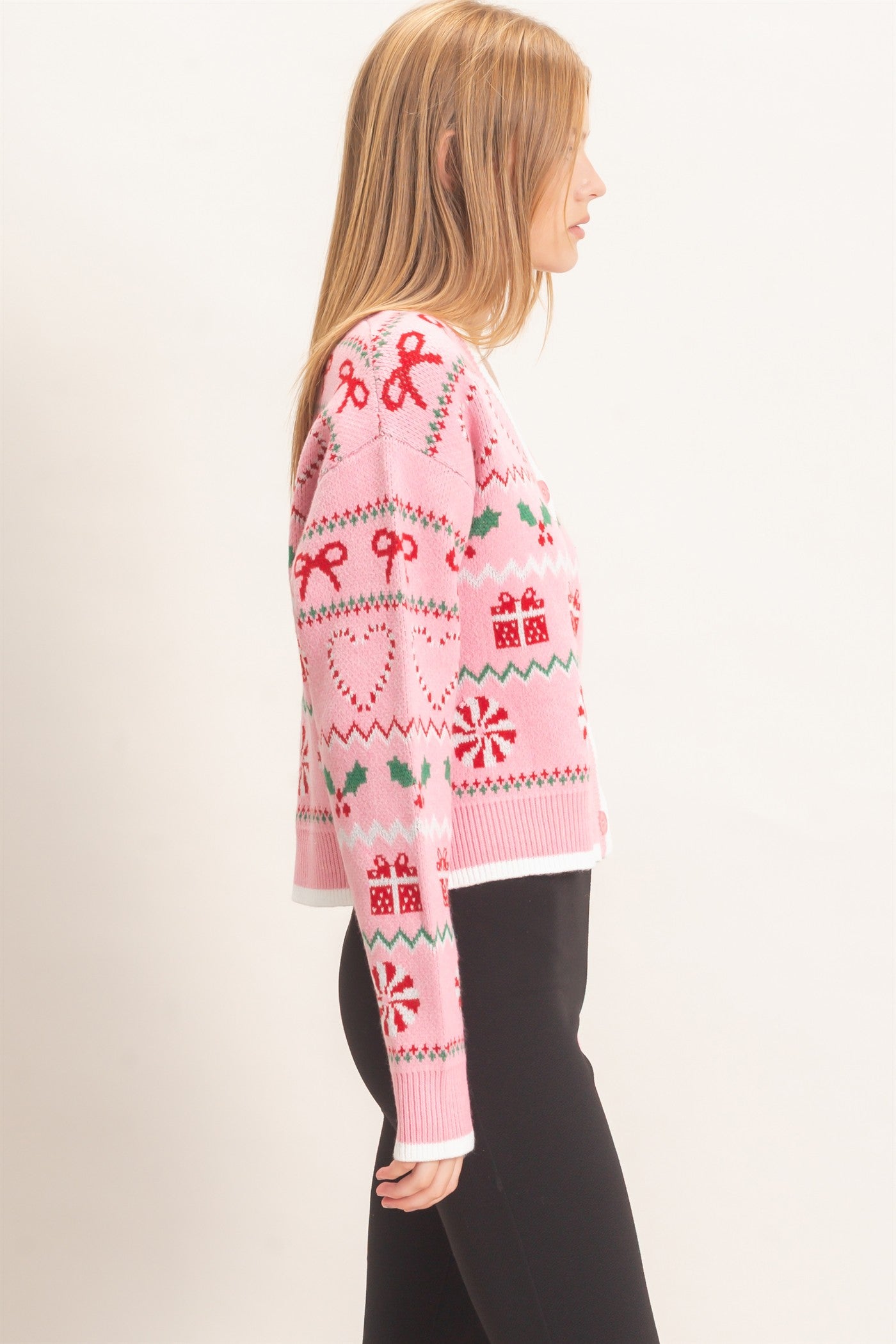 Wholesale Holiday Jacquard V-Neck Cardigan Cardigans HF26E919 PINK HYFVE