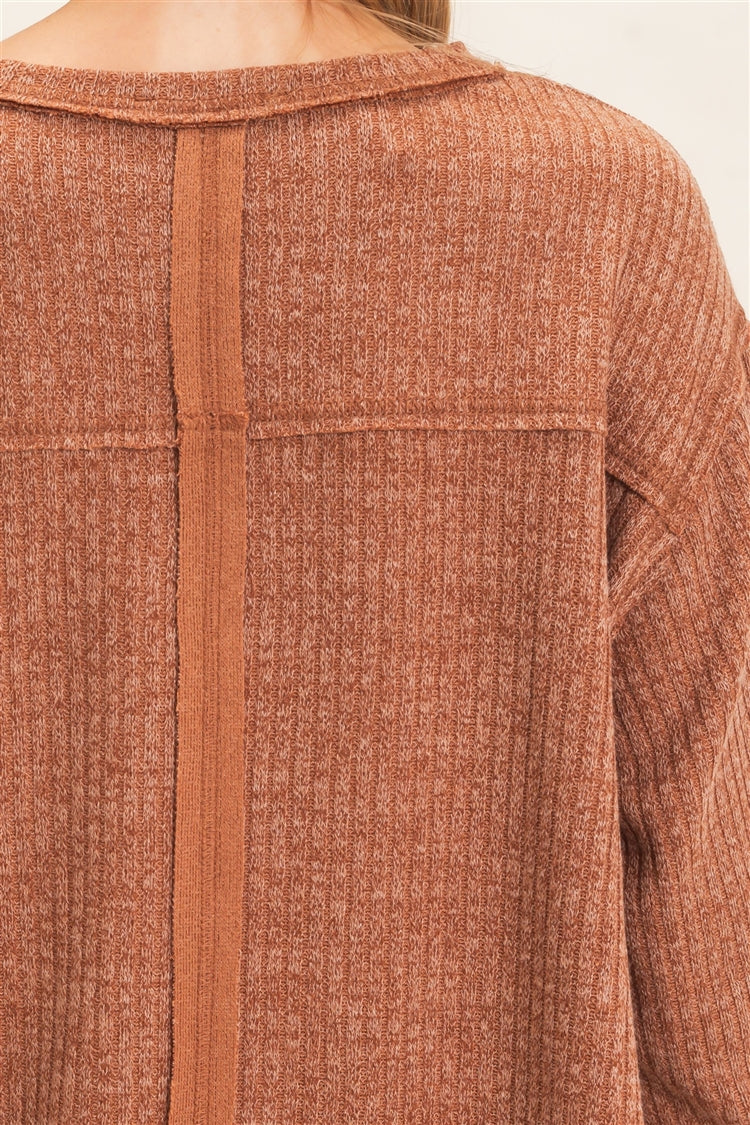 Wholesale Ribbed V-Neck Knit Top Shirts HF26F351 BRICK HYFVE
