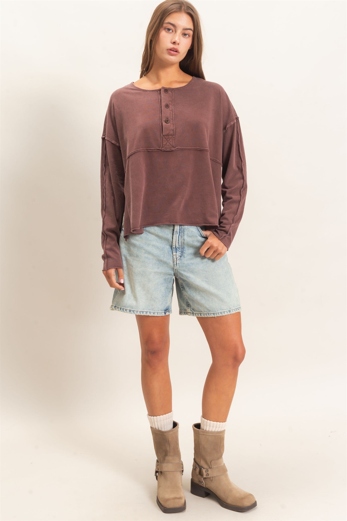 Wholesale Oversized Henley Top With Raw Edges Clothing Tops DZ26F128 DARK BROWN DOUBLE ZERO