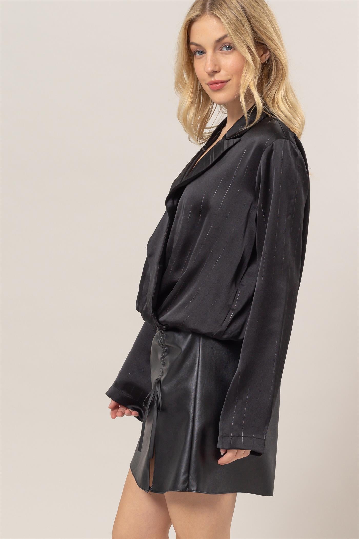 Wholesale Sophisticated Lurex Striped Wrap Blouse Clothing Tops HF25C383 BLACK HYFVE