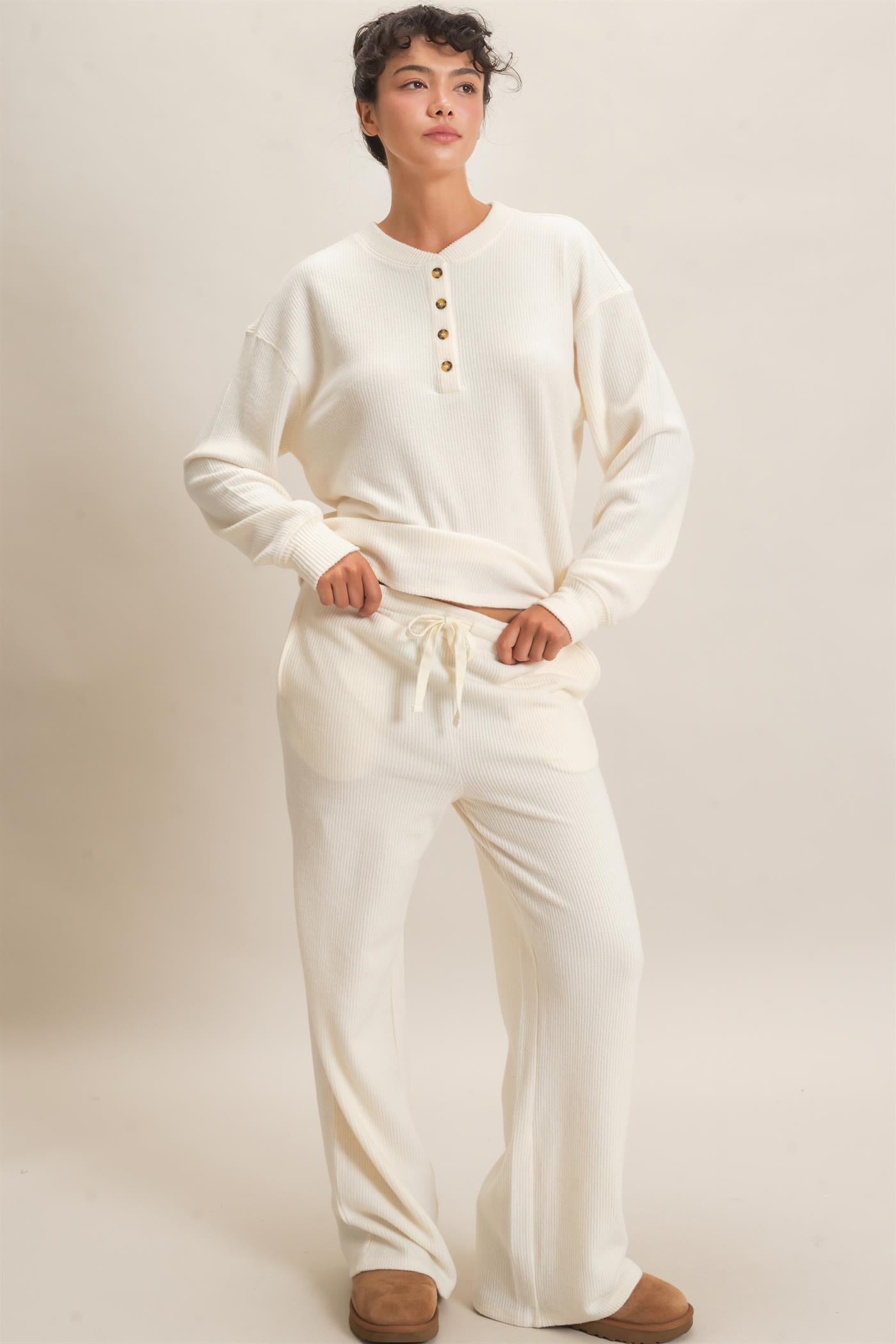 Wholesale Brushed Waffle Henley Top Clothing Tops DZ26F314 CREAM DOUBLE ZERO