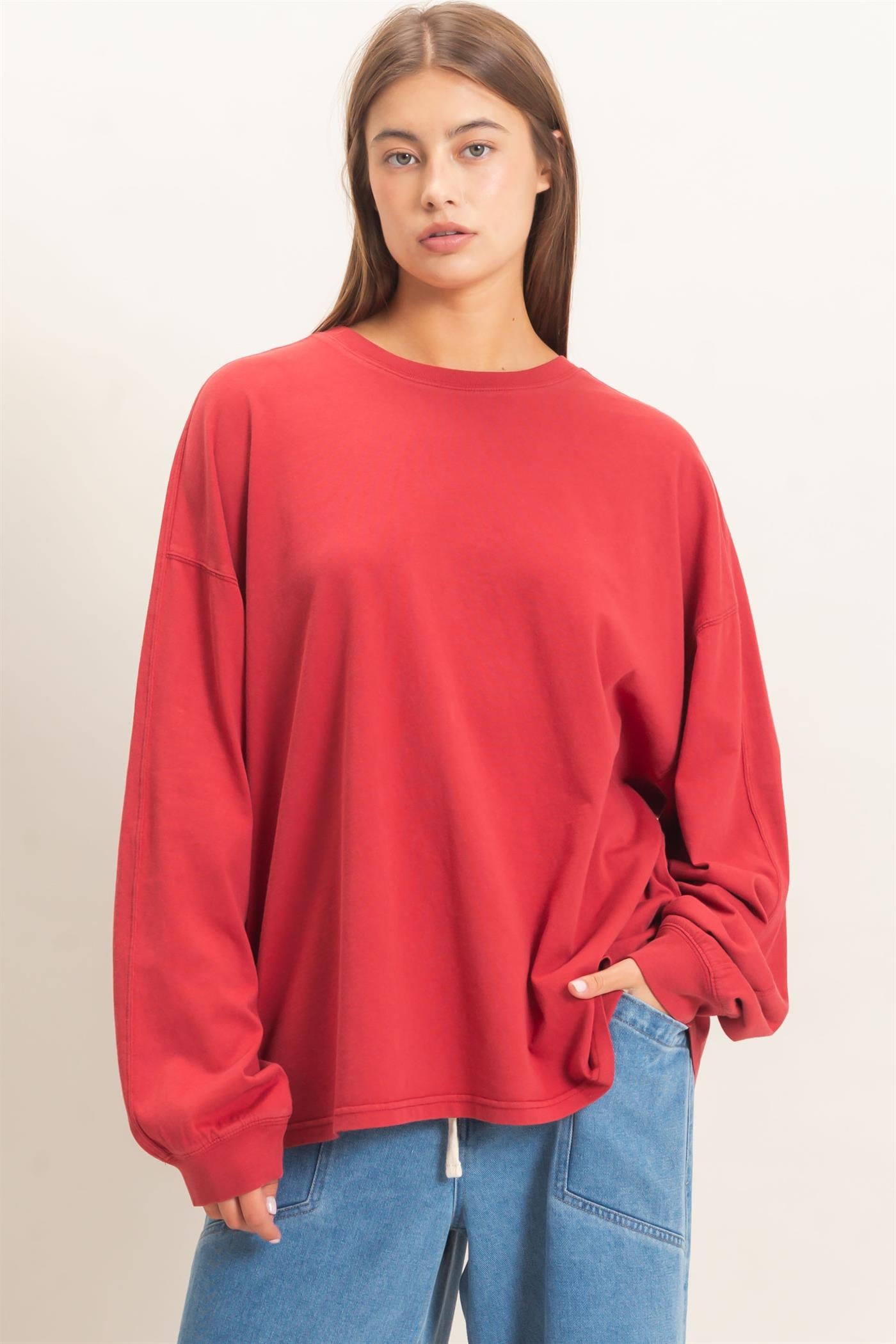 Wholesale Pigment Dye Oversized Long Sleeve Top Clothing Tops DZ26A825 DARK RED DOUBLE ZERO