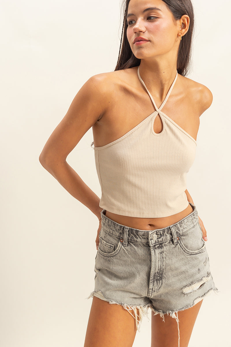 Wholesale Halter Cutout Crop Top Clothing Tops DZ22E149 KHAKI DOUBLE ZERO