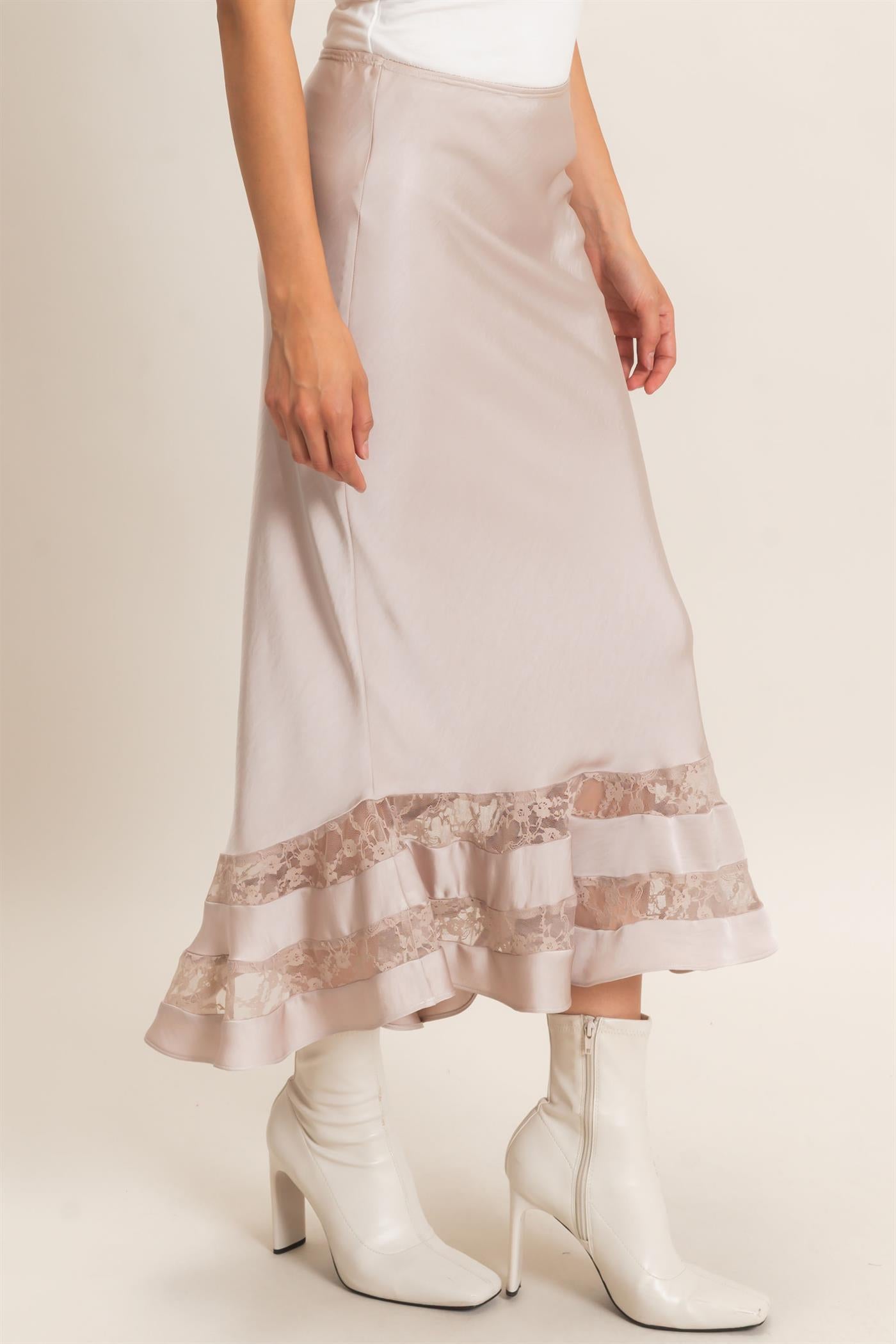 Wholesale Bias Cut Satin Skirt With Lace Hem Skirts HF26E306 CHAMPAGNE BEIGE HYFVE