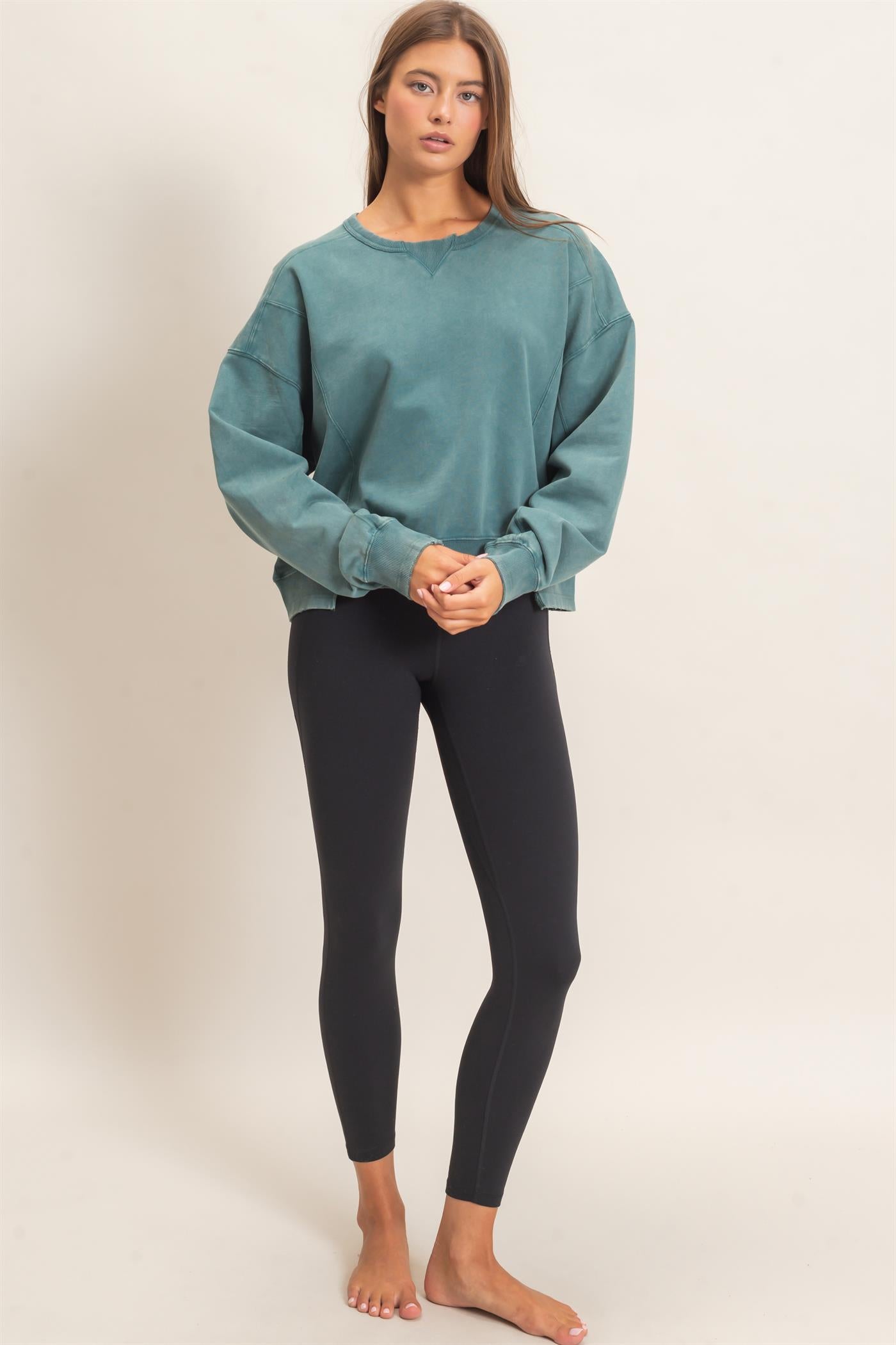 Wholesale Acid Wash Seam Detail Crew Neck Sweatshirt Sweatshirts DZ26E260 DARK TEAL DOUBLE ZERO