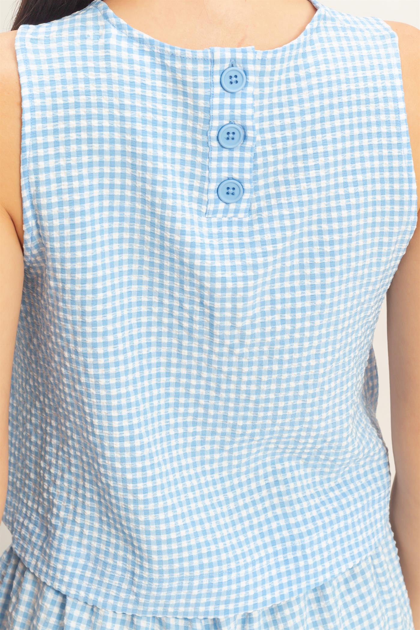 Wholesale Gingham Checkered Sleeveless Top And Skort Set Clothing DZ26C688-SET BLUE DOUBLE ZERO