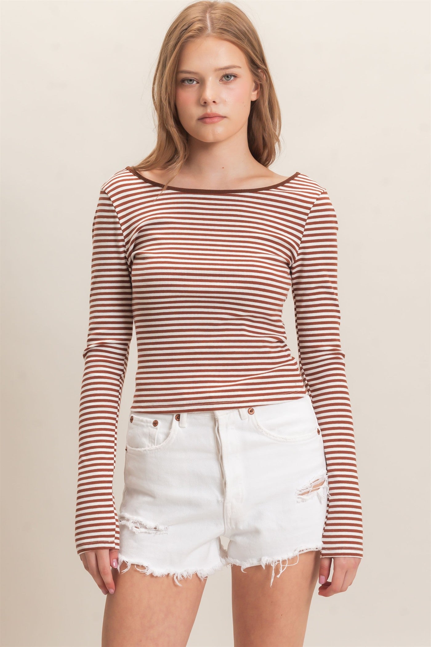 Wholesale Striped Boat Neck Long Sleeve Top Clothing Tops HF26F080 BROWN/WHITE HYFVE