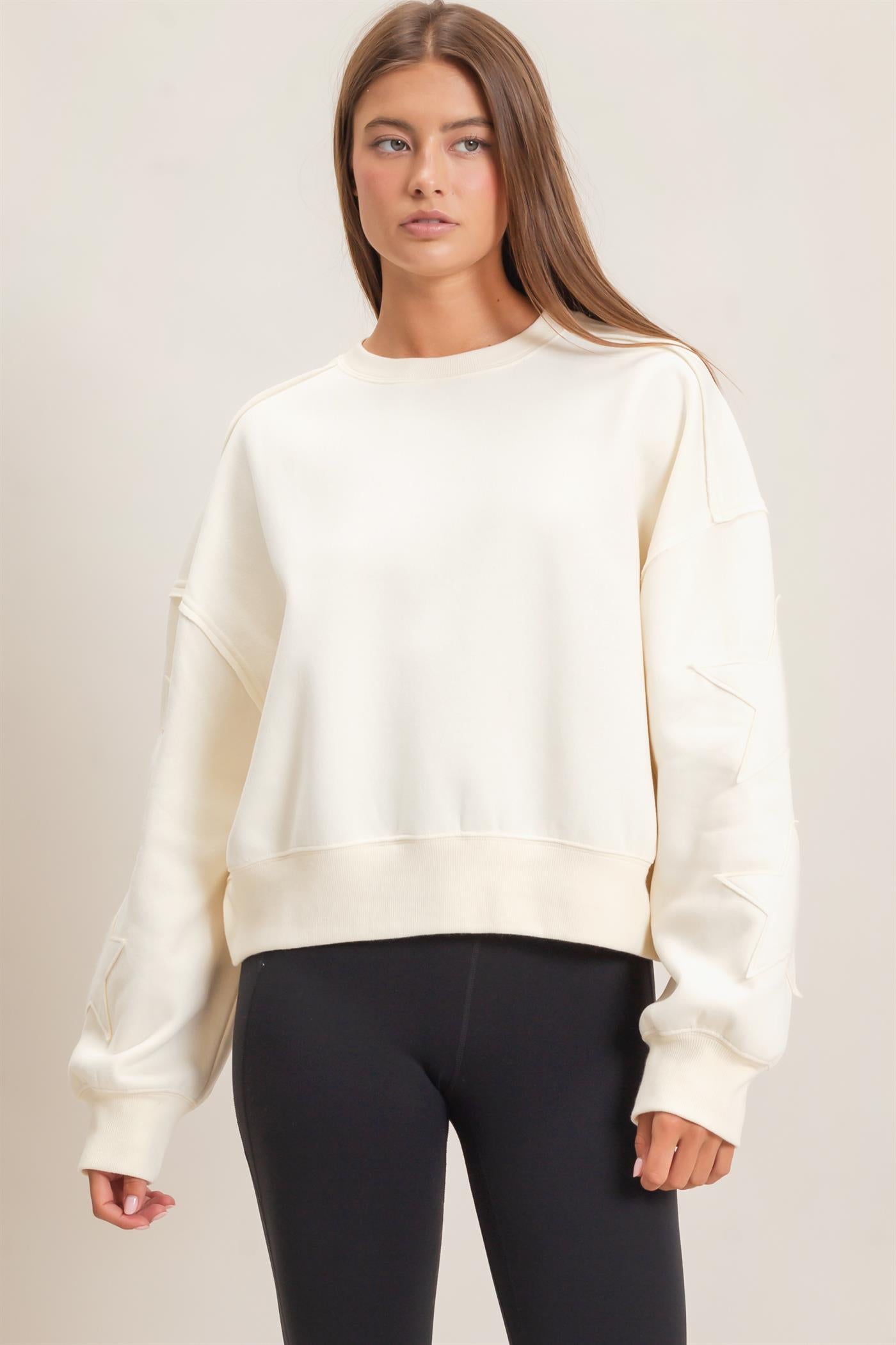 Wholesale Star Patch Sleeve Sweatshirt Sweatshirts DZ26E888 CREAM DOUBLE ZERO