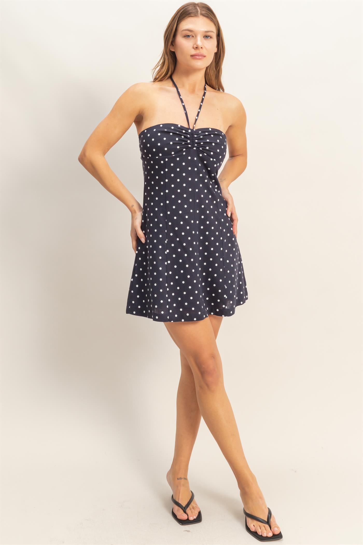 Wholesale Ruched Halter Polka Dot Mini Dress Dresses HF26C278-D NAVY HYFVE