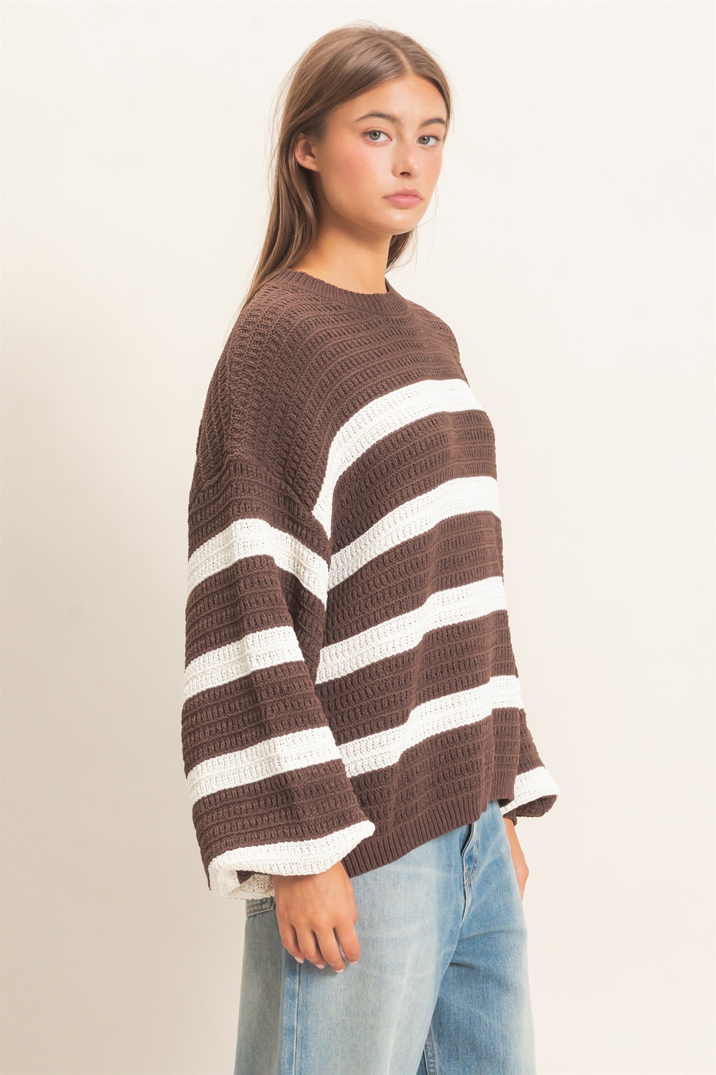 Wholesale Striped Oversized Sweater Sweaters DZ27A192 DARK BROWN DOUBLE ZERO
