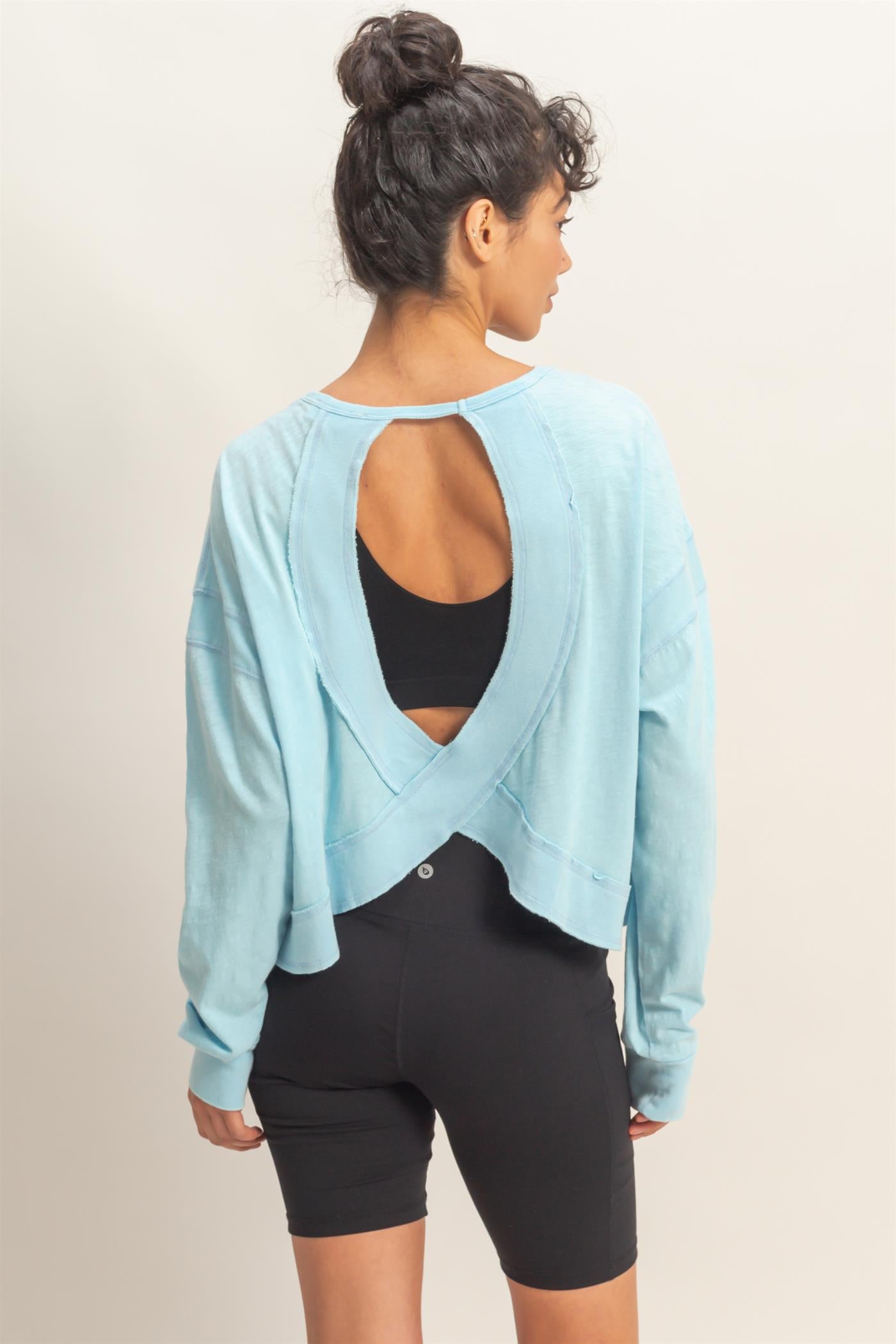 Wholesale Cross Detail Open Back Long-Sleeve Top Clothing Tops DZ26C731 BLUE DOUBLE ZERO