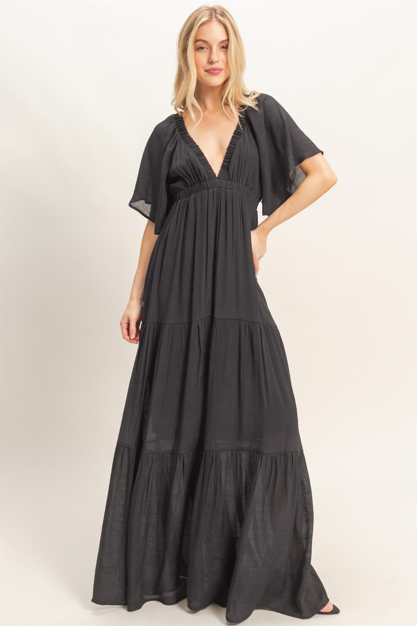 Wholesale Flutter Sleeve Maxi Dress Dresses HF26C285-D BLACK HYFVE