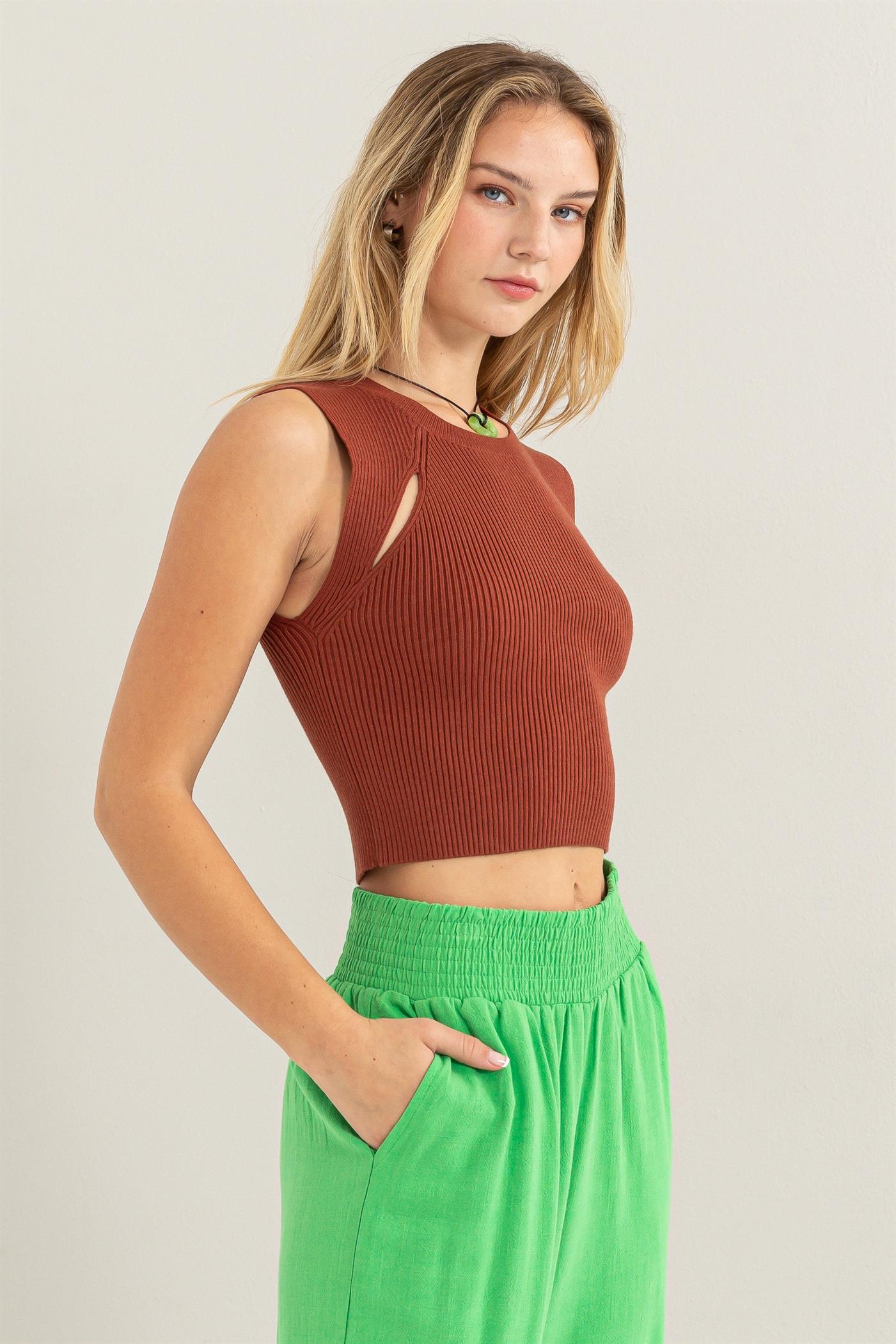 Wholesale Ribbed Cutout Knit Tank Top Clothing Tops DZ24A558 BAKED CLAY DOUBLE ZERO
