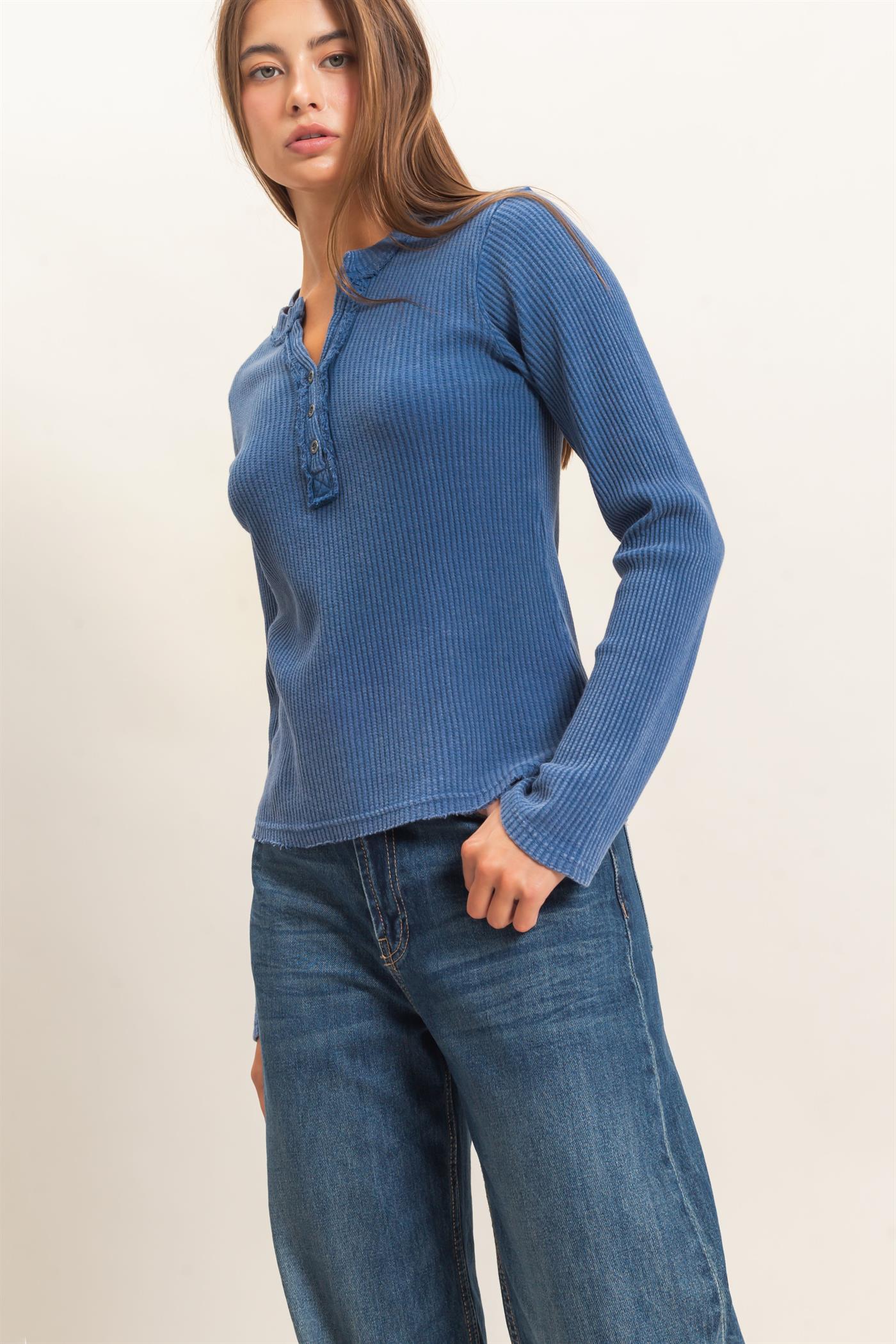 Wholesale Mineral Wash Waffle Henley Long Sleeve Top Clothing Tops DZ26E243 NAVY DOUBLE ZERO