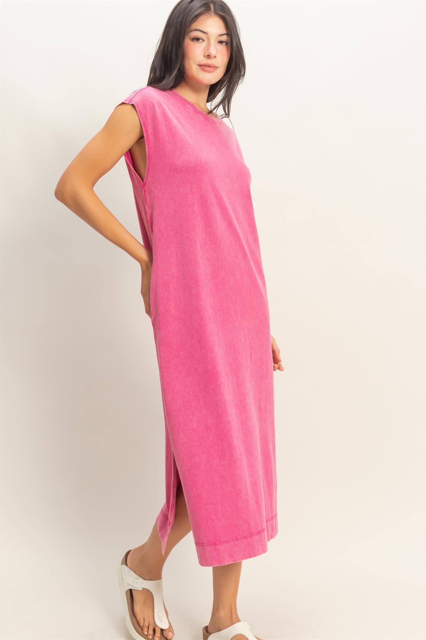 Wholesale Mineral Wash Cap Sleeve Midi Dress Dresses DZ26A049 FUCHSIA DOUBLE ZERO