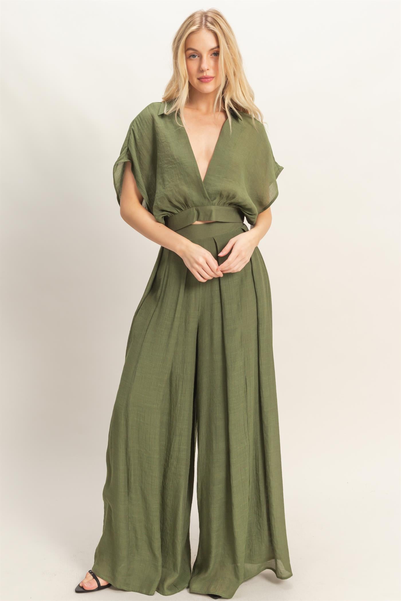 Wholesale Collared Wrap Top & Wide-Leg Pants Set Clothing HF26C286-SET-D OLIVE HYFVE
