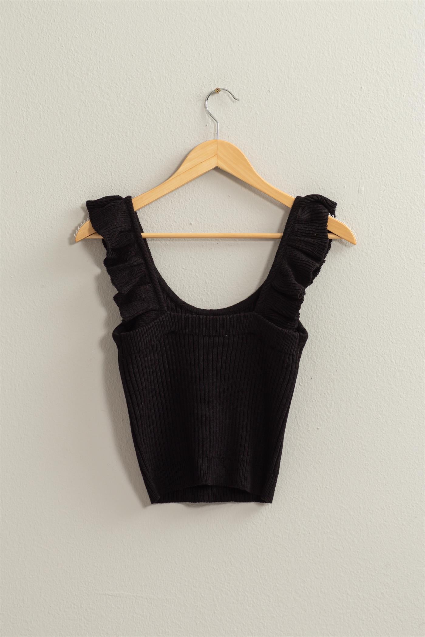 Wholesale Ribbed Ruffle Crop Top Clothing Tops DZ24A505 BLACK DOUBLE ZERO