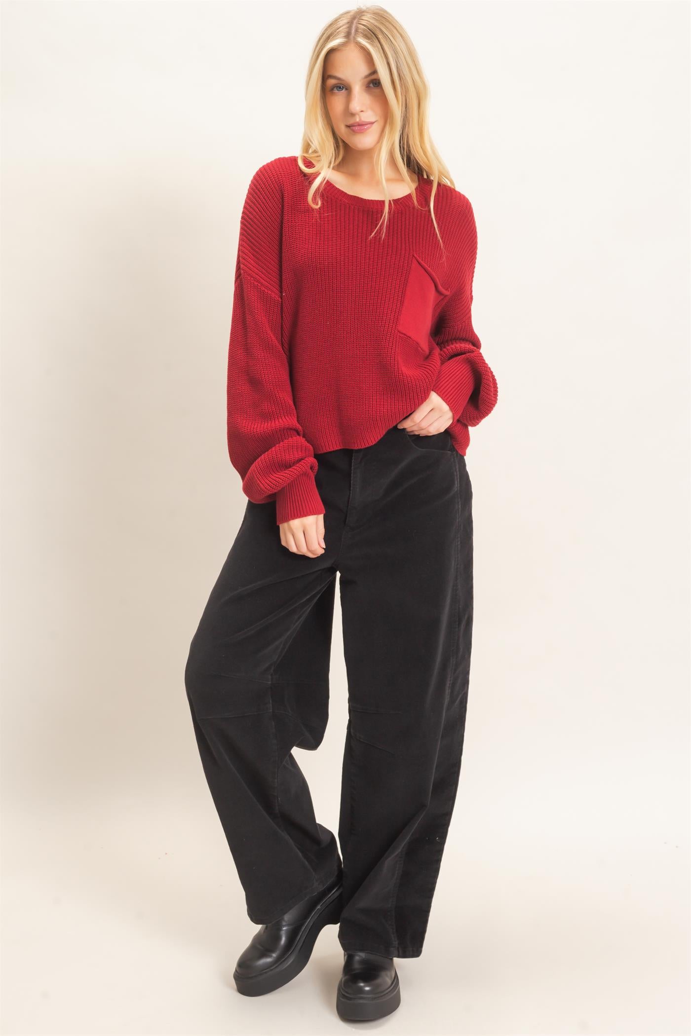 Wholesale Ribbed Drop Shoulder Sweater Sweaters HF26F181 BURGUNDY HYFVE
