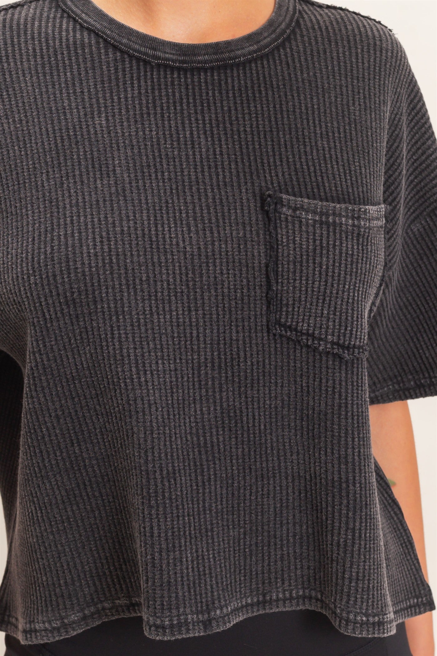 Wholesale Mineral Wash Waffle Knit Pocket Top Clothing Tops DZ26E222 BLACK DOUBLE ZERO