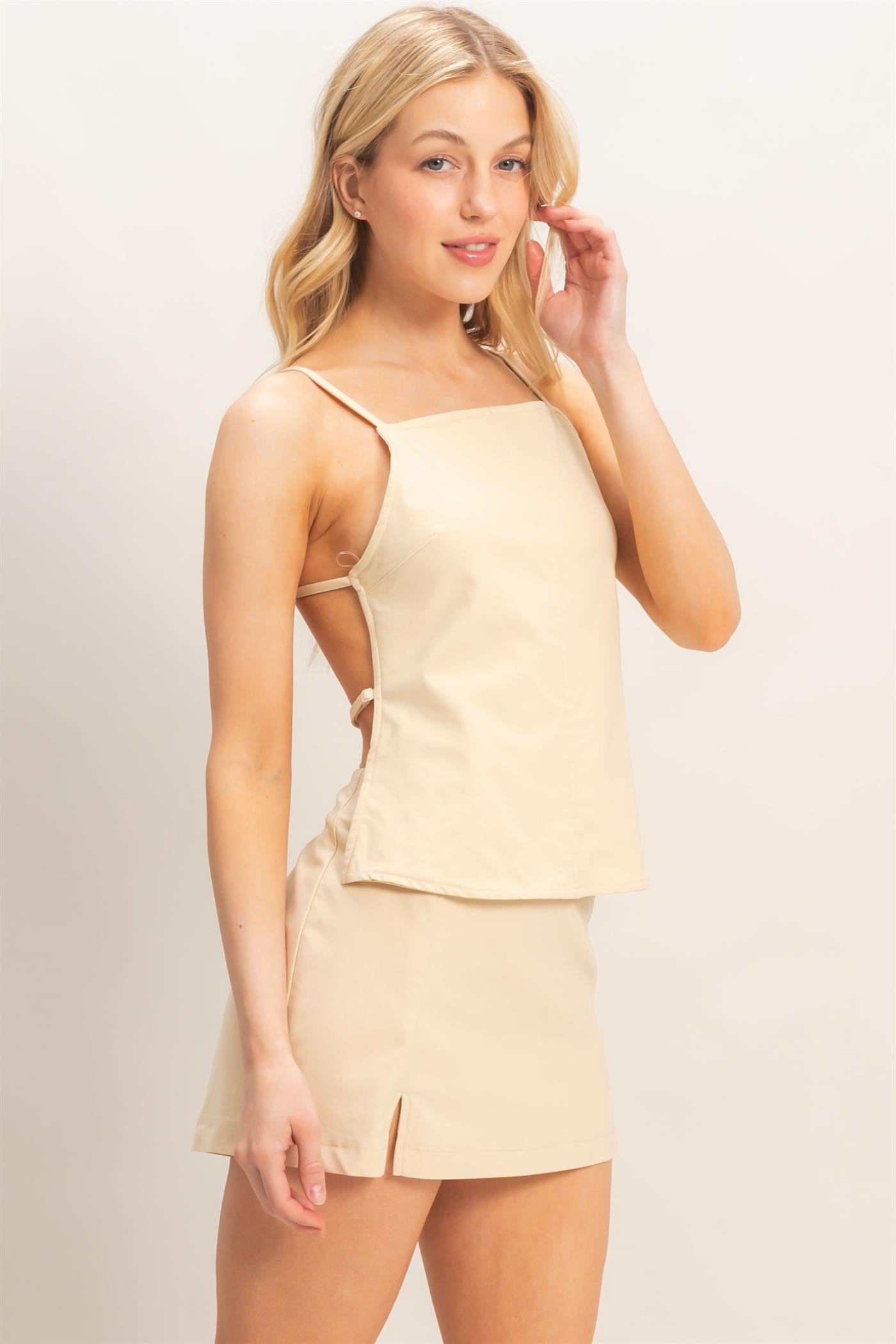 Wholesale Strappy Straight Neck Top & Skort Clothing HF26C894-SET SAND HYFVE