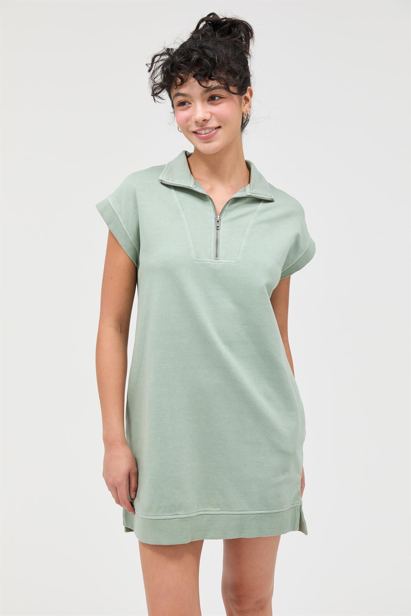 Wholesale Half Zip Up Mock Neck Mini Dress Dresses DZ26A030 SAGE GREEN DOUBLE ZERO