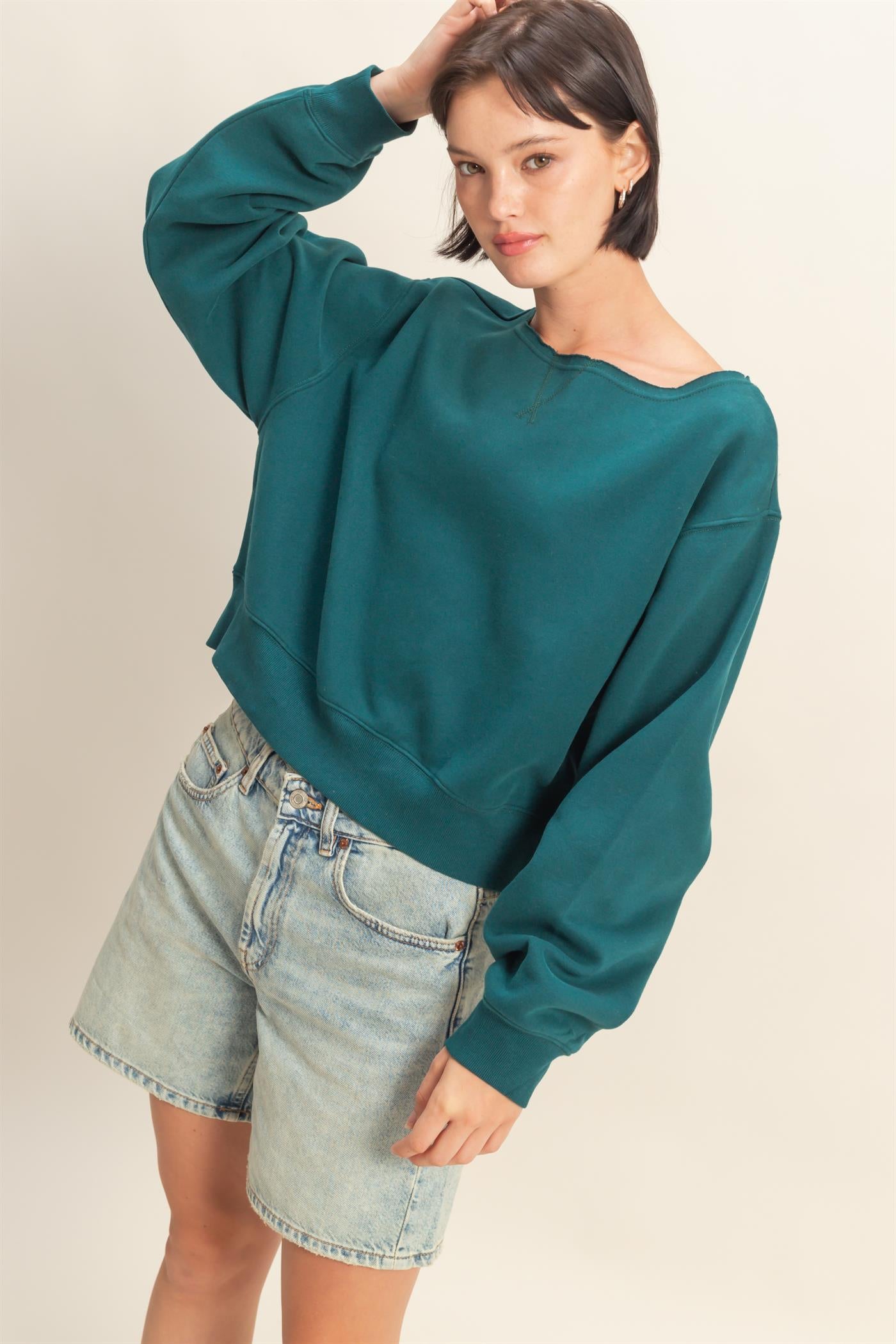 Wholesale Boatneck Long Sleeve Pullover Sweatshirt Sweatshirts DZ25E407 DEEP GREEN DOUBLE ZERO