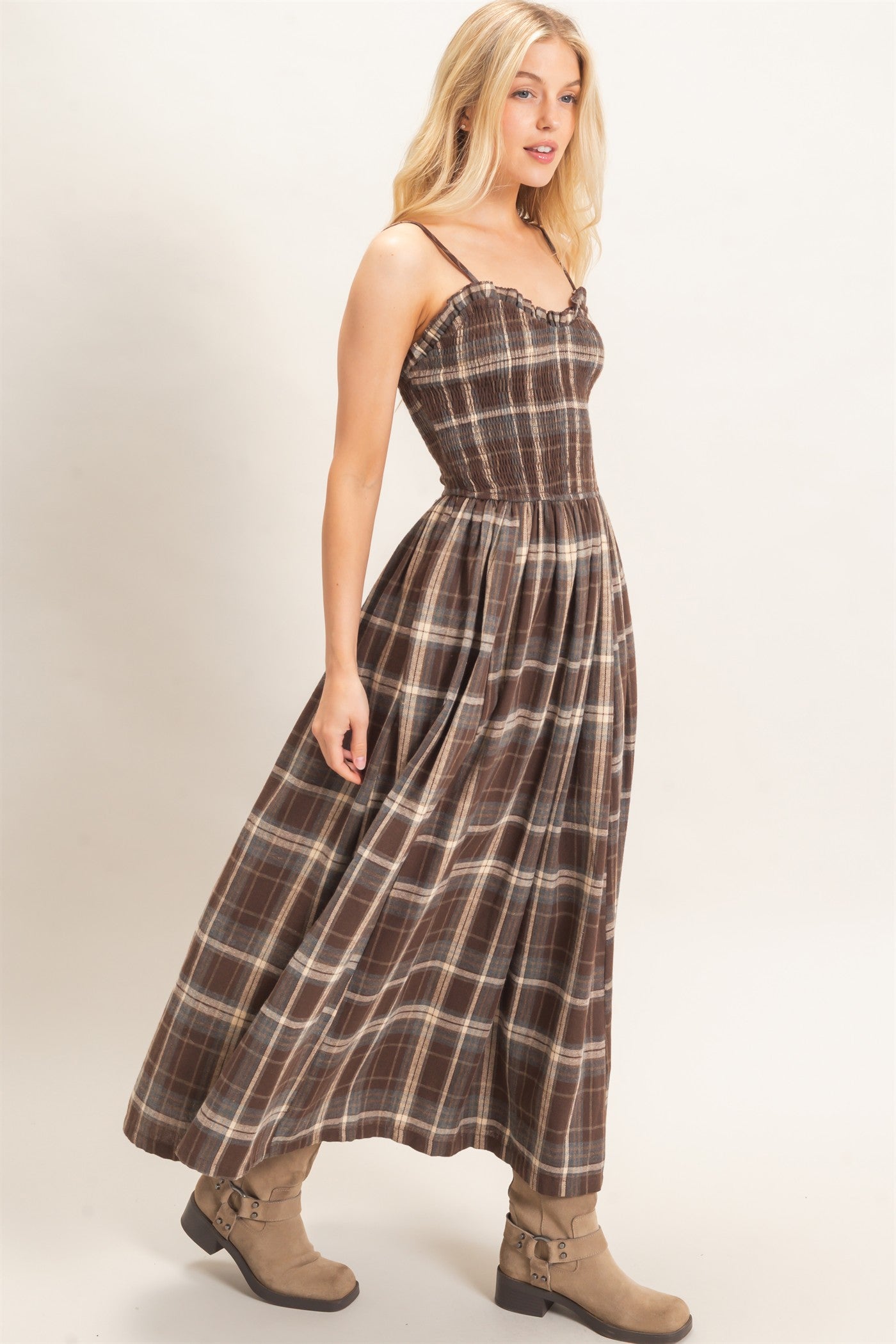 Wholesale Plaid Smocked Maxi Dress Dresses HF26C898 BROWN HYFVE