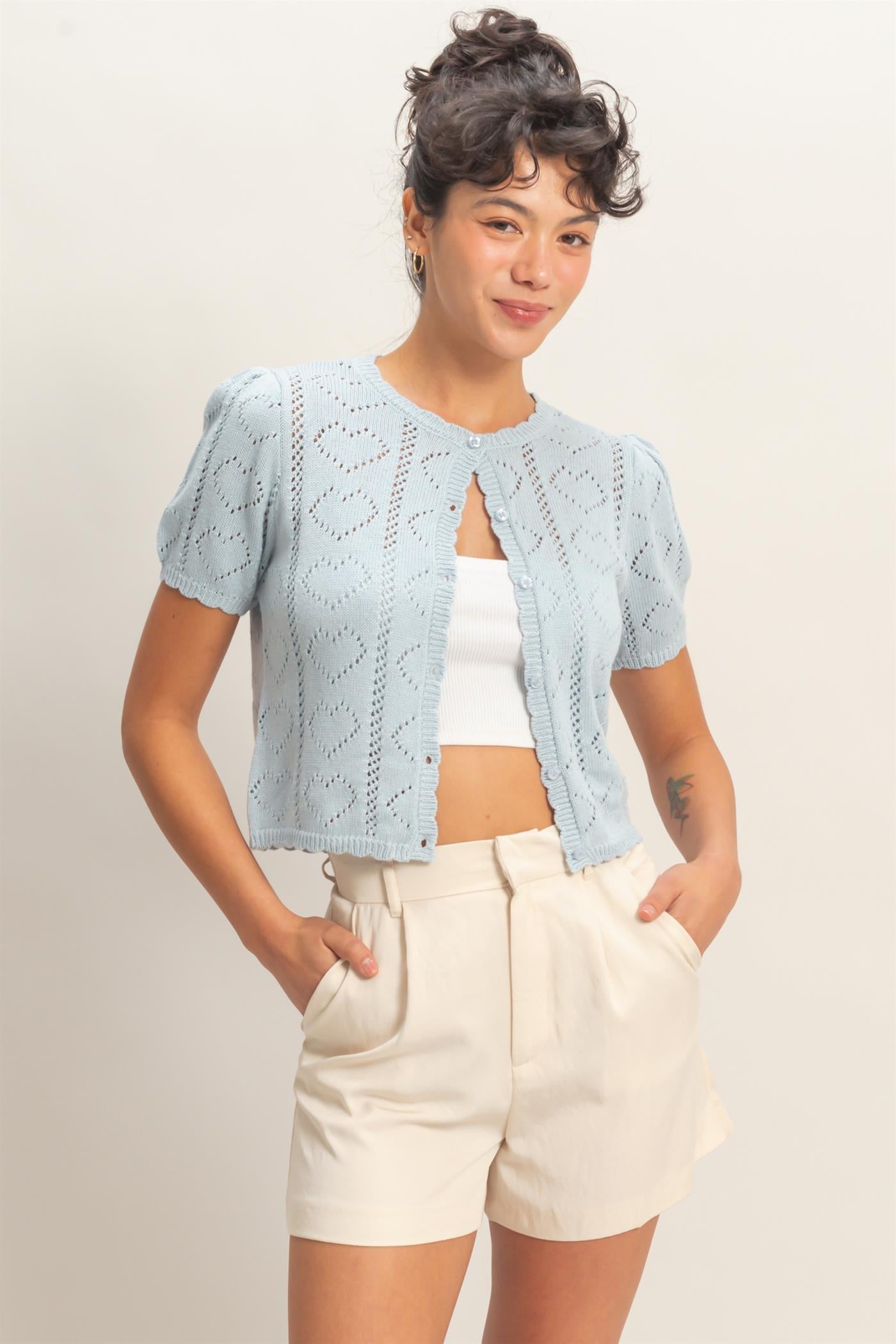 Wholesale Pointelle Knit Puff Sleeve Button Up Cardigan Cardigans DZ26A425 ICE BLUE HYFVE