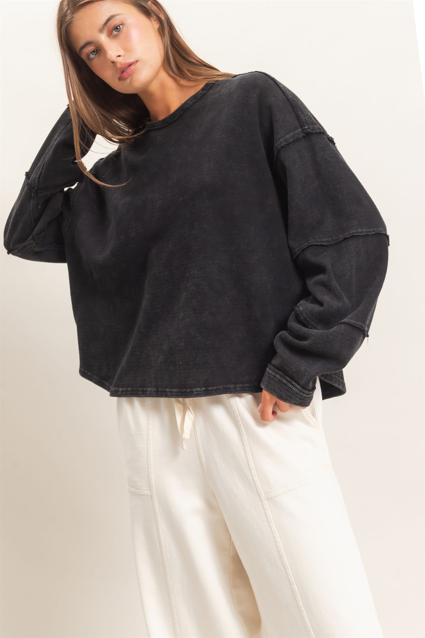 Wholesale Mineral Wash Overzised Raw Edge Crew Neck Top Clothing Tops DZ26E449 BLACK DOUBLE ZERO