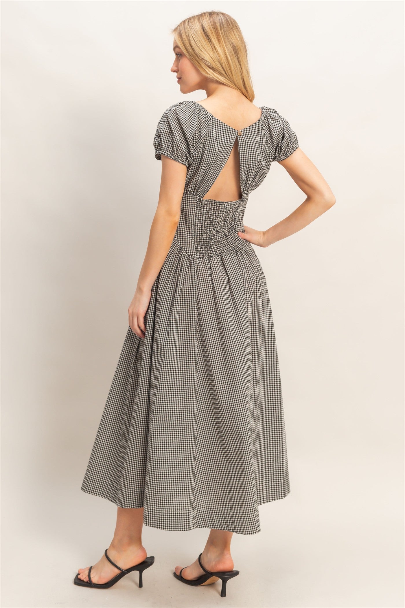 Wholesale Gingham Puff Sleeve Dress Dresses HF26A321 BLACK HYFVE