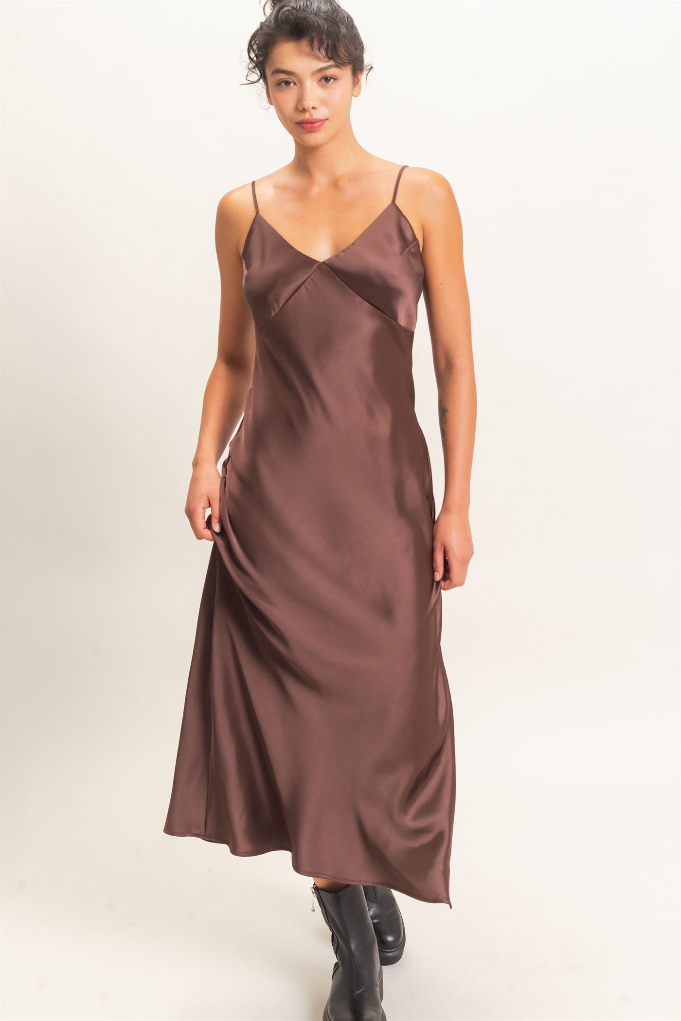 Wholesale Satin V-Neck Slip Dress Dresses DZ26E262 DARK BROWN DOUBLE ZERO