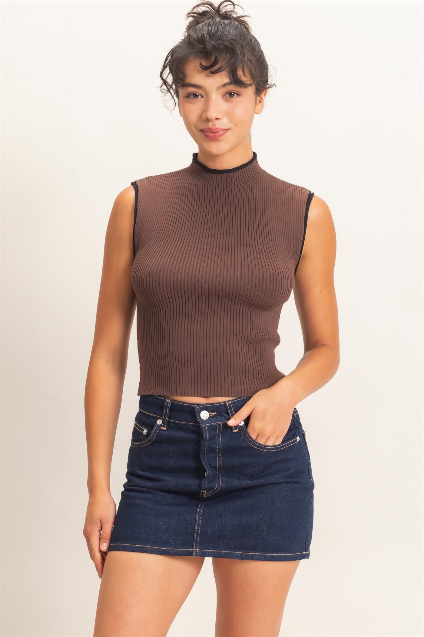 Wholesale Ribbed Mock Neck Sleeveless Top Clothing Tops DZ26E777 DARK BROWN DOUBLE ZERO
