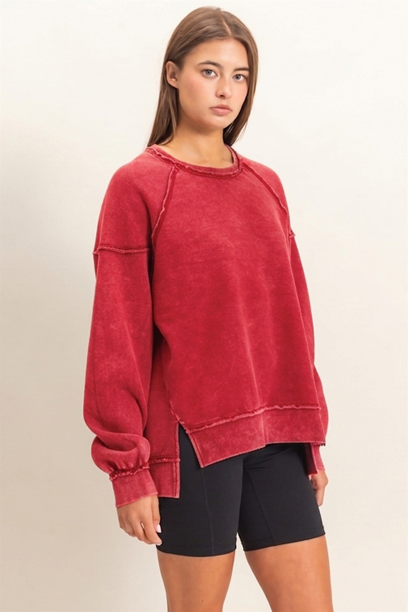 Wholesale Acid Wash Raw Edge Sweatshirt Sweatshirts DZ26C910 RED DOUBLE ZERO