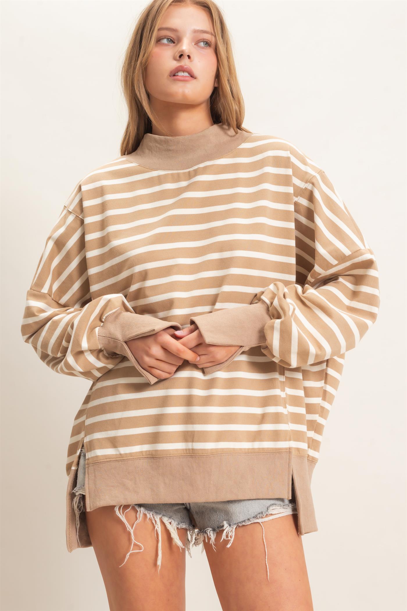 Wholesale Striped Mock Neck Sweatshirt Sweatshirts HF27A178-D TAUPE/CREAM HYFVE