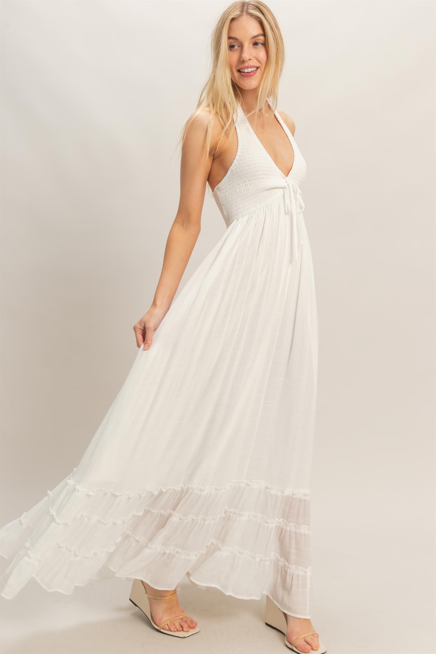 Wholesale Halter Neck Smocked Maxi Dress Dresses HF26C287-D WHITE HYFVE