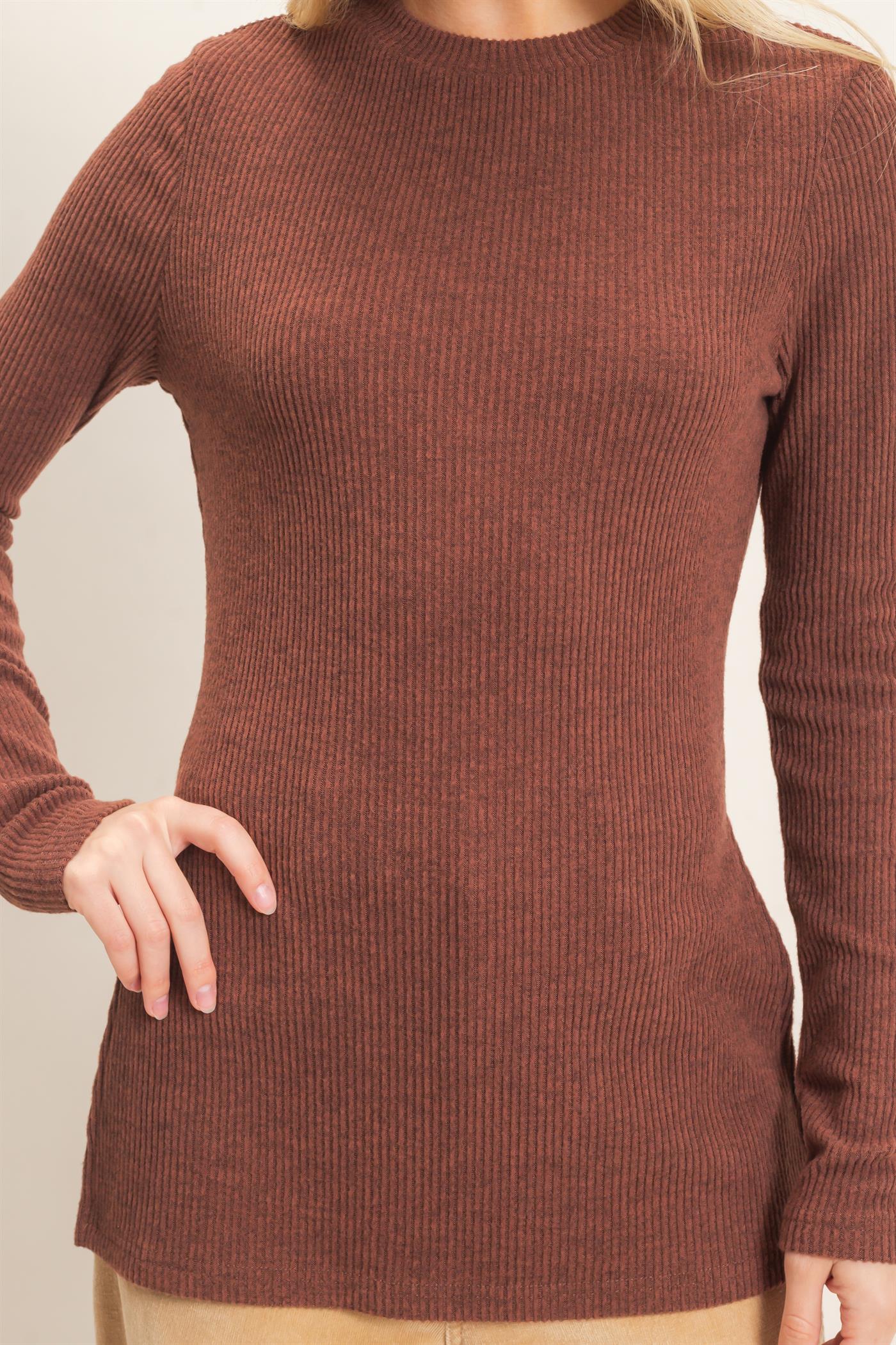 Wholesale Ribbed Crew Neck Sweater Clothing Tops HF26F034 BROWN HYFVE