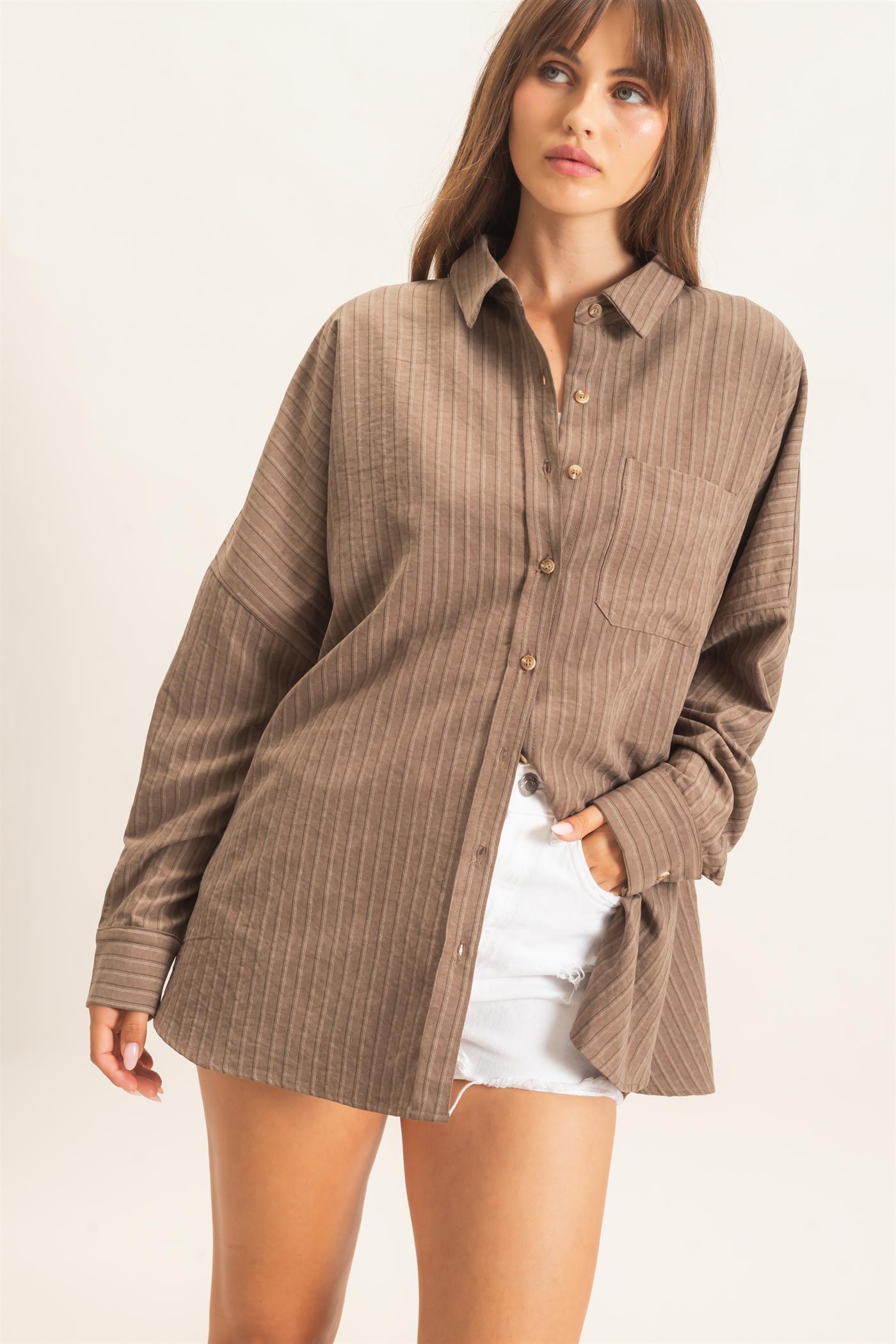 Wholesale Striped Button-Up Shirt Shirts HF26F134 BROWN HYFVE