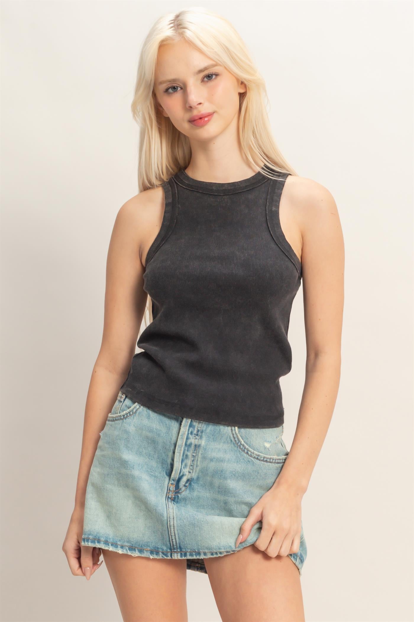 Wholesale Acid Washed Ribbed Tank Top Tank Tops DZ26A336 BLACK DOUBLE ZERO