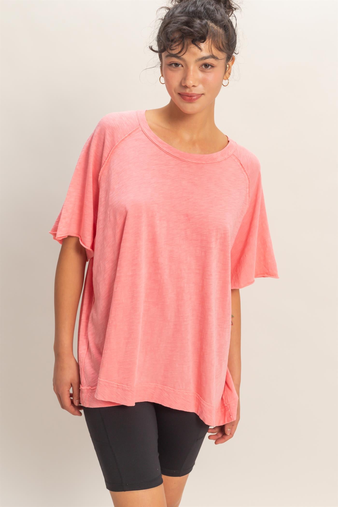 Wholesale Acid Washed Oversized Raw Edges Raglan Tee T-Shirts DZ26A333 TAFFY PINK DOUBLE ZERO
