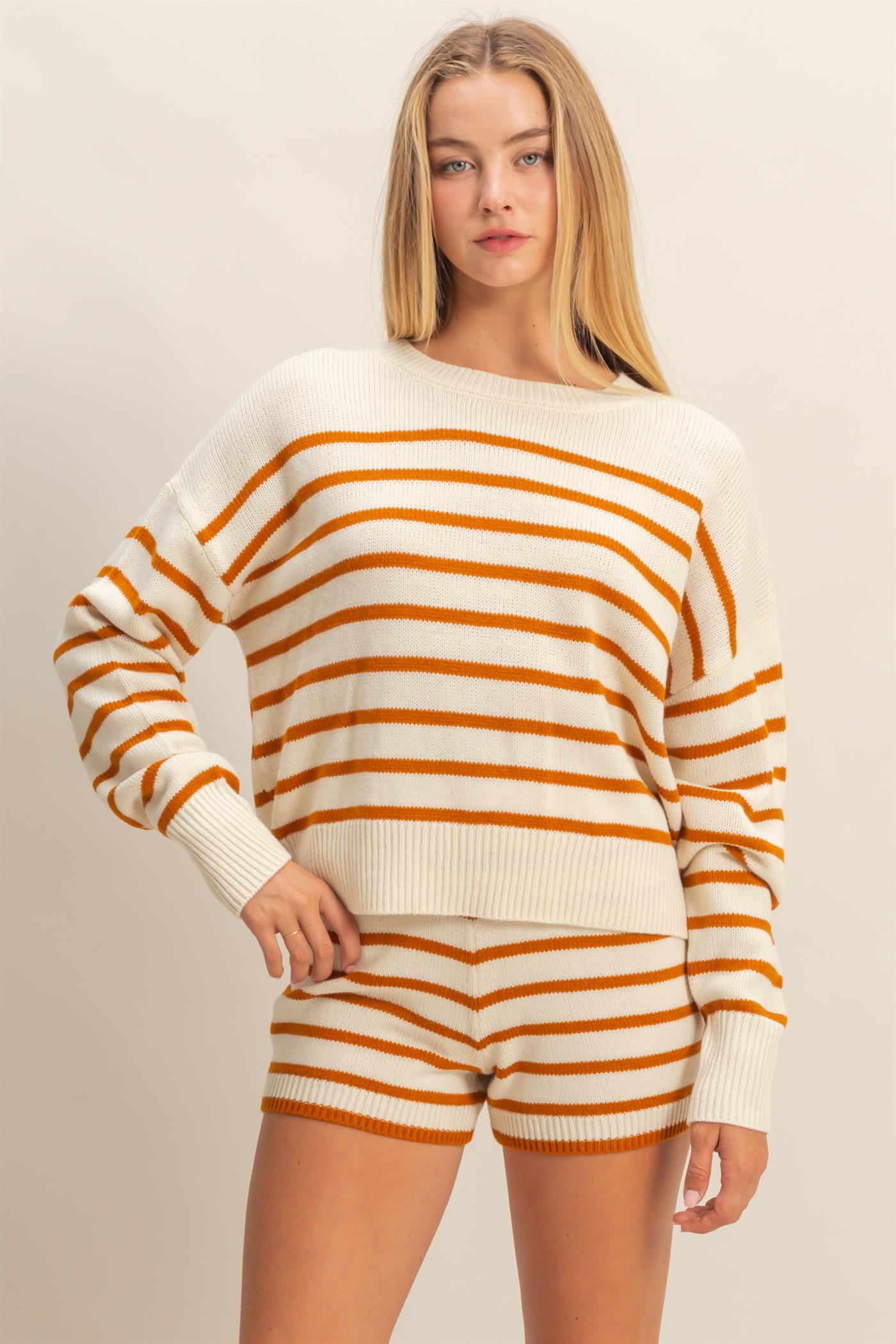 Wholesale Striped Knit Sweater And Shorts Set Clothing DZ25E141-SET CREAM/CARAMEL DOUBLE ZERO